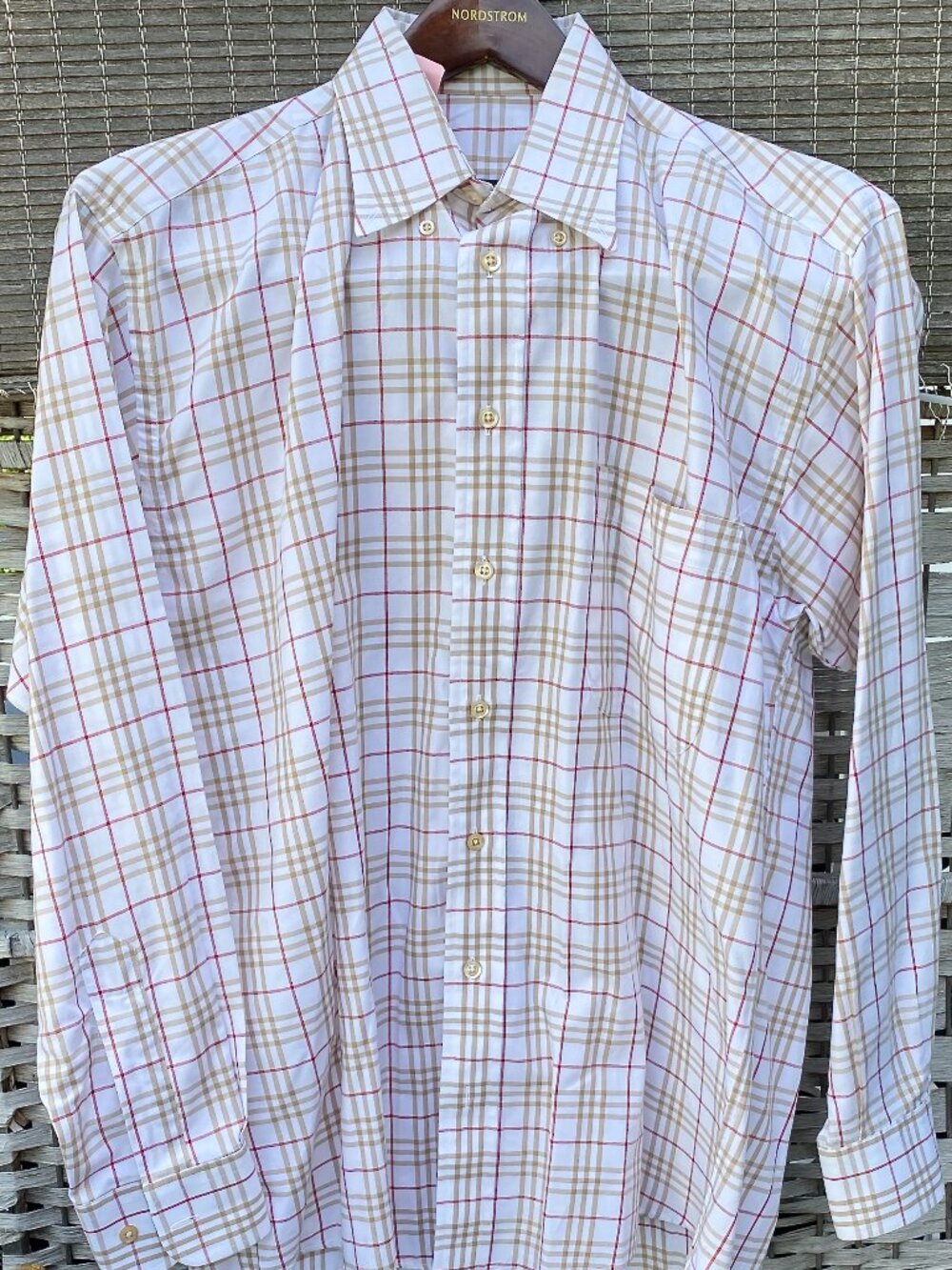Burberry Men's Long Sleeve Shirt Button Down Plaid White Red Brown Medium USA